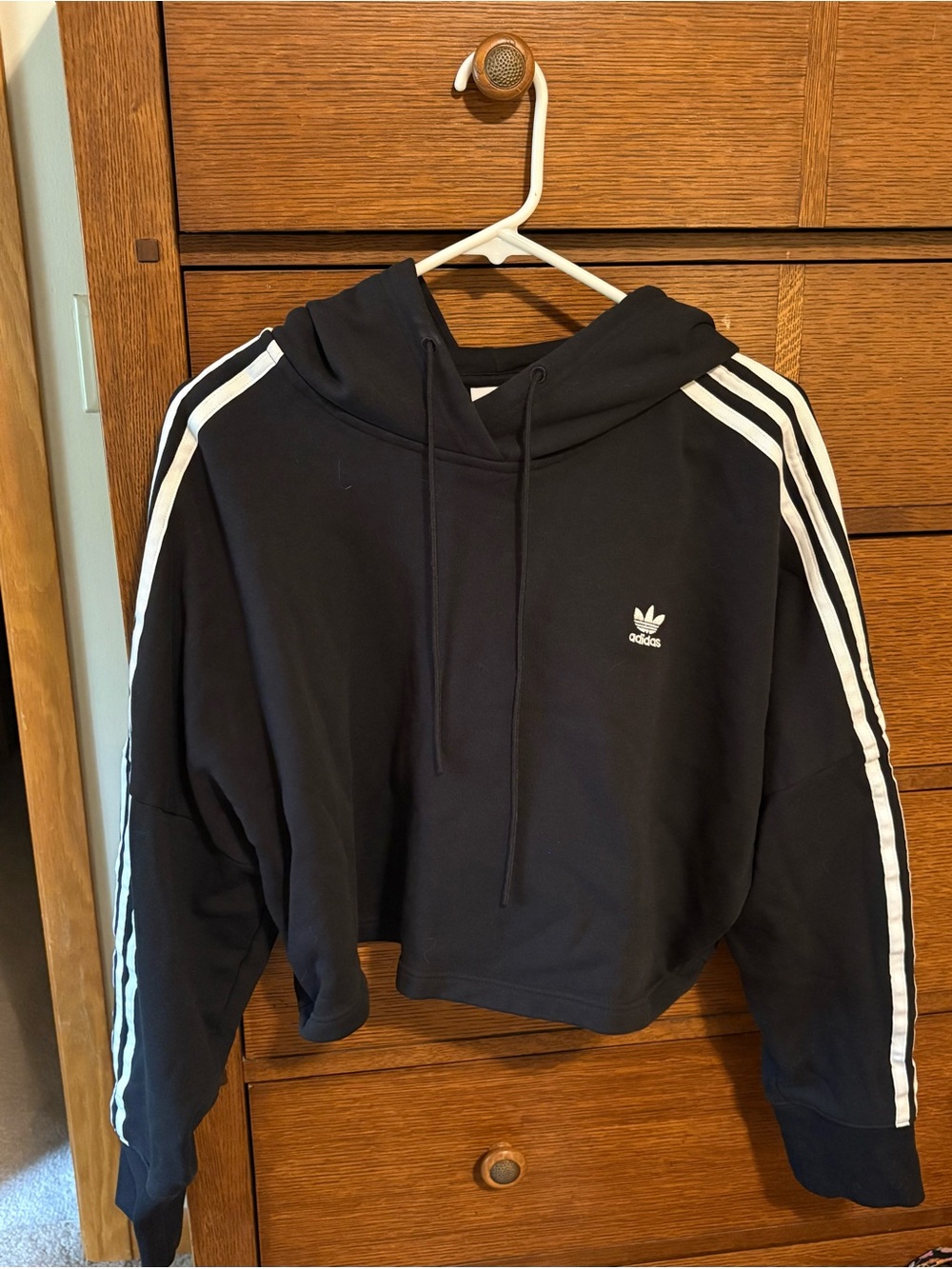 adidas Black Cropped Hoodie with White Stripes